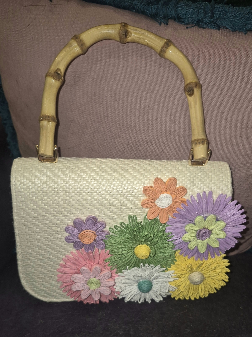 Woven Floral Handbag with Bamboo Handle - Cream with Pastel Flowers